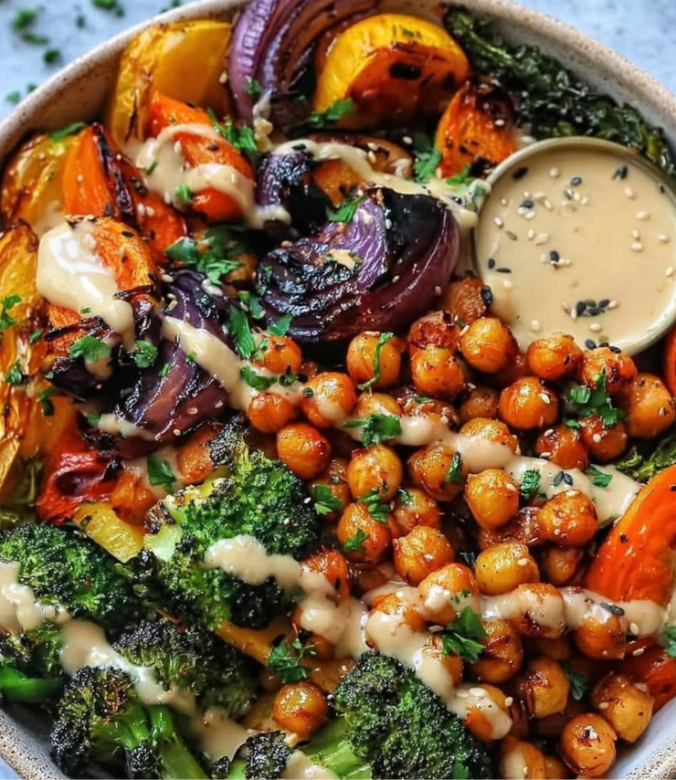 Roasted Veggie and Chickpea Bowl with Maple-Dijon Tahini Dressing