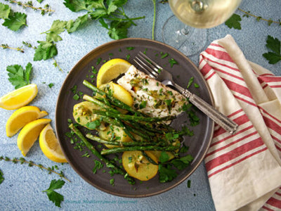 Lemon Cream Cod w/ Fingerling Potatoes & Aspargus