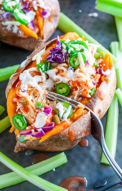 Buffalo Stuffed Sweet Potato w/ Rainbow Slaw