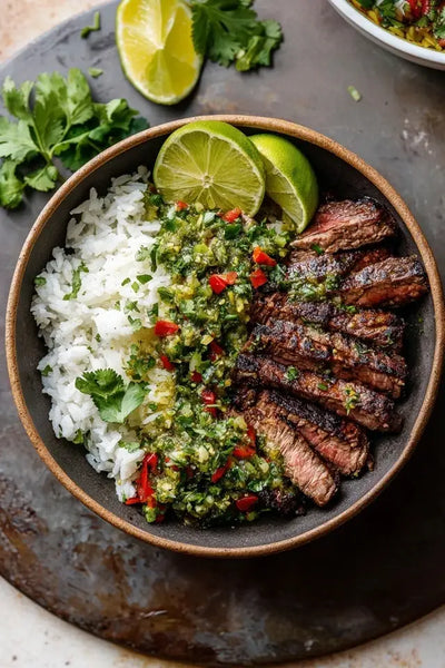 Chimichurri Steak with Tomatoes & Cilantro Lime Rice