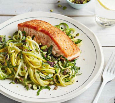Grilled Salmon and Pesto Zoodles